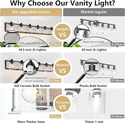 Vanity Lights for Bathroom Large 48 inch, Farmhouse Rustic Vanity Light with Bubble Glass Shades, Gray 6 Light Bathroom Lighting Fixtures Over Mirror, Bath Wall Sconce Home Decor
