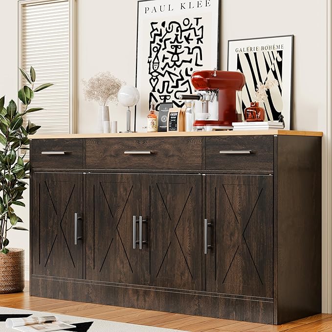 SUNLEI Kitchen Buffet Sideboard Cabinet, Farmhouse Storage Cabinet with 4 Doors and 3 Drawers, Wooden Base Cabinet with Adjustable Shelf for Living Room, Brown