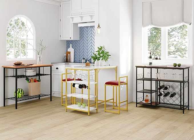 5-Piece Metal Dining Room Furniture Set with Marble Dining Table and 2 Stools/1 Kitchen Island/1 Wine Rack Table, Ideal for Small Small Apartment, Studio (Gold + Metal-1)