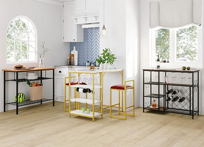 5-Piece Metal Dining Room Furniture Set with Marble Dining Table and 2 Stools/1 Kitchen Island/1 Wine Rack Table, Ideal for Small Small Apartment, Studio (Gold + Metal-1)