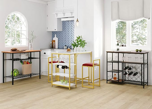 5-Piece Metal Dining Room Furniture Set with Marble Dining Table and 2 Stools/1 Kitchen Island/1 Wine Rack Table, Ideal for Small Small Apartment, Studio (Gold + Metal-1)