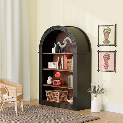 Ball & Cast 45.66" Tall Arched Storage Cabinet,Modern 4-Tier Wooden Display Cabinet with Open Shelves,Versatile Floor Bookcase Cabinet Organizer for Library,Living Room, Office, Black