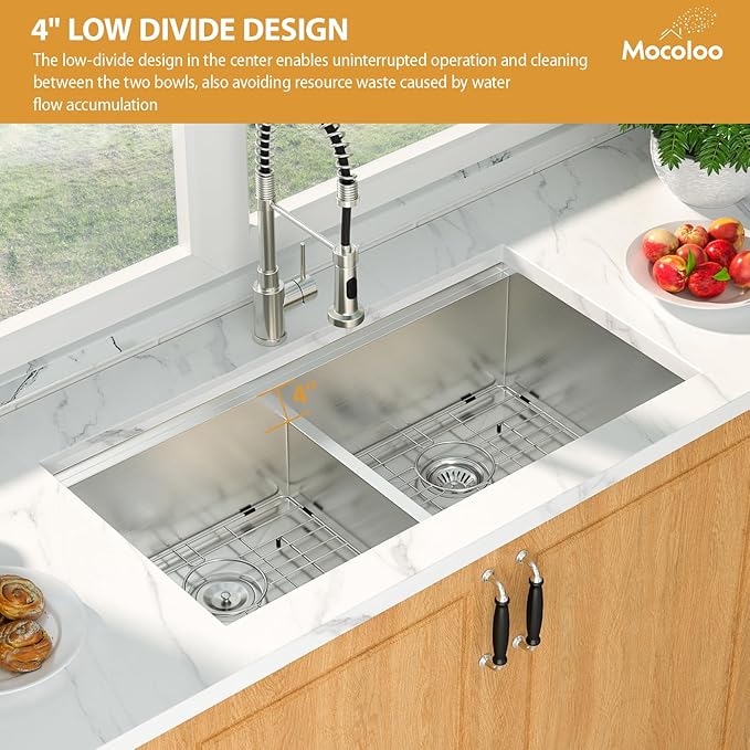 Mocoloo 36 Inch Undermount Double Bowl Kitchen Sink - 36 x 19 Workstation 16 Gauge Stainless Steel Low Divide 50/50 Bowl Handmade with 2 Basins