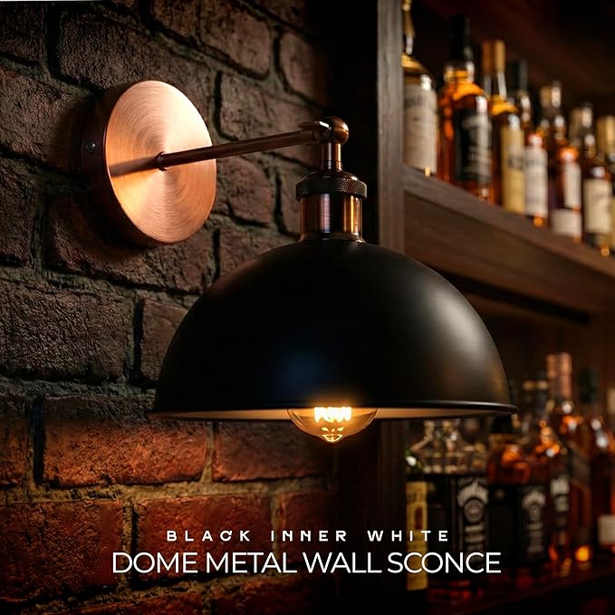 Dome Metal Wall Sconce, 180° Adjustable Industrial Wall Lamp for Bedside, Study, Kitchen, and Living Room Décor. (Black Inner White_)