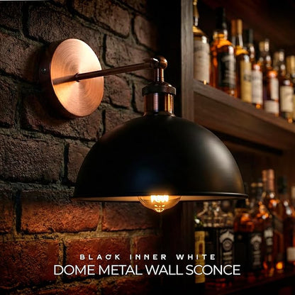 Dome Metal Wall Sconce, 180° Adjustable Industrial Wall Lamp for Bedside, Study, Kitchen, and Living Room Décor. (Black Inner White_)
