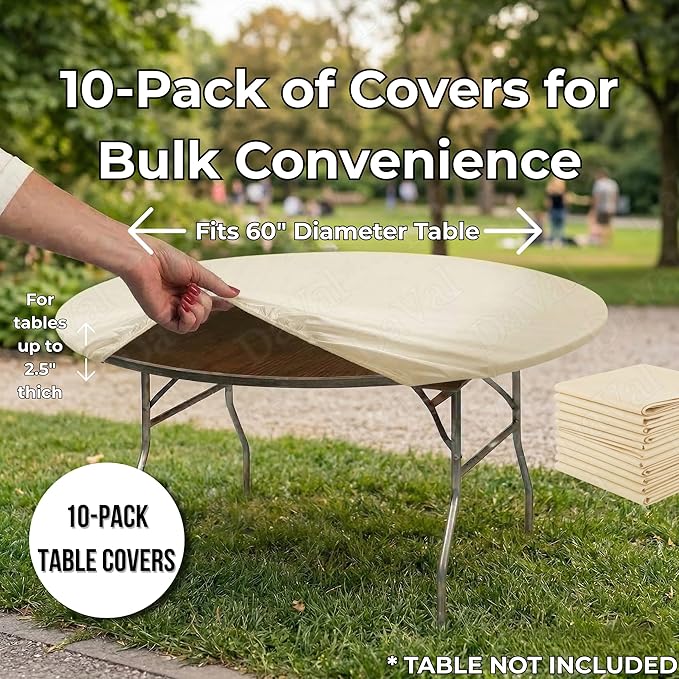 Kwik-Covers 10 Pack of Round Plastic Table Covers - 60" or 72" Round - Indoor or Outdoor Fitted Covers (Tables NOT Included) (Ivory, 60" Round)