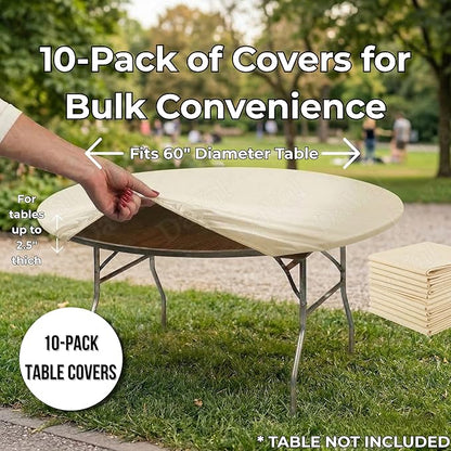 Kwik-Covers 10 Pack of Round Plastic Table Covers - 60" or 72" Round - Indoor or Outdoor Fitted Covers (Tables NOT Included) (Ivory, 60" Round)