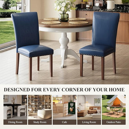 COLAMY Upholstered Parsons Dining Chairs Set of 4, PU Leather Dining Room Kitchen Side Chair with Nailhead Trim and Wood Legs - Blue