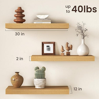 30Inch Oak Floating Shelves for Wall, 12 Inch Deep Shelves for Bedroom, Kitchen, Bathroom Wall Mounted, Rustic Wood Floating Shelf with Invisible Brackets for Books, Storage, Decor, 2 Packs