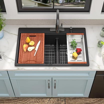33 Granite Composite Kitchen Sink Double Bowl - Fulorni 33"x22" Matte black Granite Kitchen Sink Ledge Workstation Drop in Topmount Double Bowl 60/40 Quartz Classic Above Counter Basin