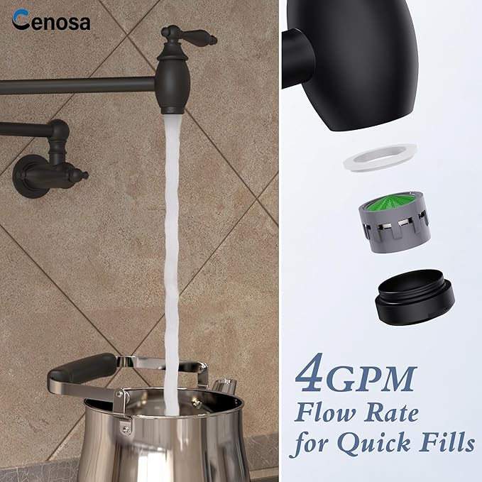 CENOSA Pot Filler Faucet Matte Black Commercial Wall Mount Stove Faucet Lead-Free Foding Wall Mount Kitchen Sink Pot Filler Facuet