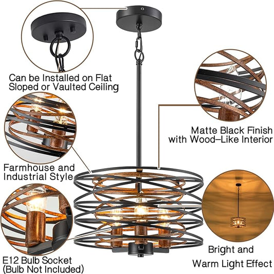 Bargeni Chandelier,13 Inch Dining Room Light Fixture,Matte Black Finish with Wood-Like Interior,Adjustable Height Farmhouse Chandelier for Kitchen Island,Bedroom,Living Room,Foyer