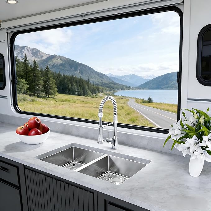 Kitsitchen RV Ktichen Sink,16 Gauge Stainless Steel Undermount Kitchen Sink with Strainer & Bottom Gird, 27" x 16" Double Bowl Kitchen Sinks Used at RV, Outdoor,Bathrom and Camper, R10 Round Corner
