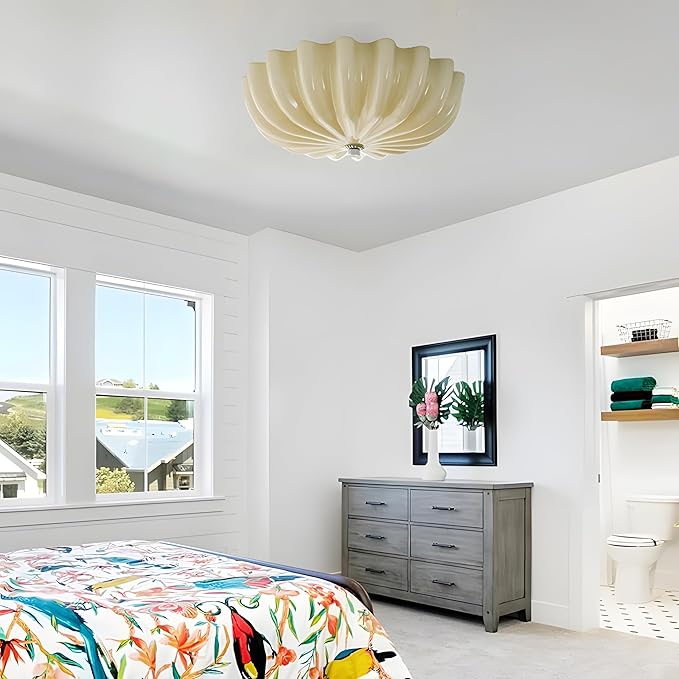 LED Flush Mount Vintage Yellow Glass Hallway Ceiling Lamp - Mid Century Overhead Light with Ribbed Glass Shade - Farmhouse Ceiling Light for Nursery, Kids Room, Bedroom, Bathroom