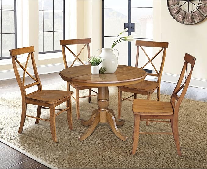 36" Round Top Pedestal Table With 12" Leaf - 28.9"H - Dining Height, Pecan