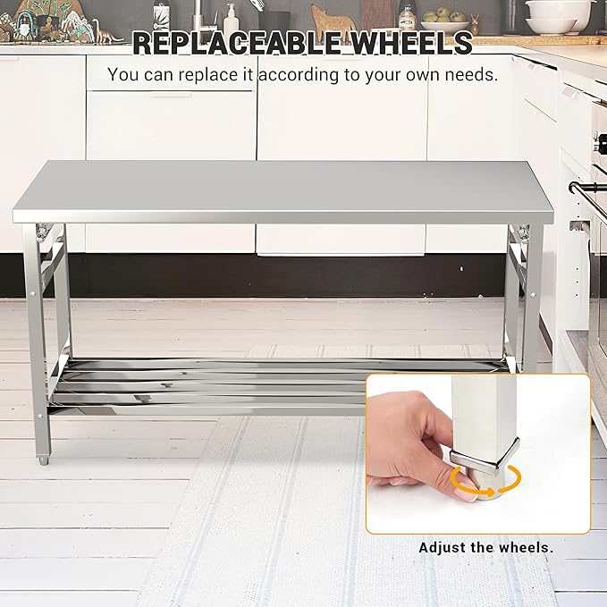 Stainless Steel Folding Table 24 x 60 Inch, Commercial Worktables Workstations, Heavy Duty Kitchen Island with Undershelf for Restaurant Kitchens Laundry, Silver