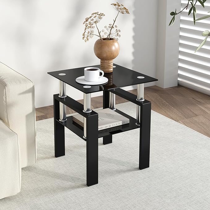 IANIYA Modern Glass Side Table, 2-Tier End Table with Tempered Glass Top & Metal Legs, Night Stand Corner Small Table for Living Room, Bedroom, Small Space All Black