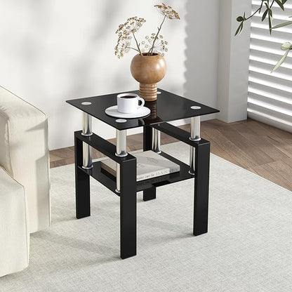 IANIYA Modern Glass Side Table, 2-Tier End Table with Tempered Glass Top & Metal Legs, Night Stand Corner Small Table for Living Room, Bedroom, Small Space All Black