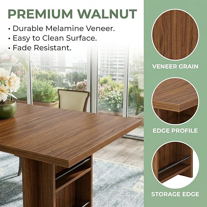 63 Inch Farmhouse Dining Table with Integrated Storage Shelves, Brown Oak Wooden Kitchen Table for 6 to 8 People, Large Home Office Computer Desk with 300lb Weight Capacity