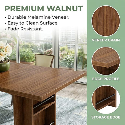 63 Inch Farmhouse Dining Table with Integrated Storage Shelves, Brown Oak Wooden Kitchen Table for 6 to 8 People, Large Home Office Computer Desk with 300lb Weight Capacity