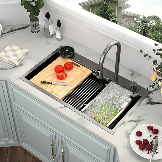Kichae 33x19 Drop In Kitchen Sink Waterfall - Black Workstation Kitchen Sink Waterfall Stainless Steel 16 Gauge Luxury Handmade Single Bowl Drop Sinks with Faucet Combo & Glass Rinser