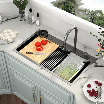 Kichae 33x19 Drop In Kitchen Sink Waterfall - Black Workstation Kitchen Sink Waterfall Stainless Steel 16 Gauge Luxury Handmade Single Bowl Drop Sinks with Faucet Combo & Glass Rinser