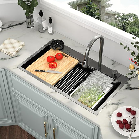 Kichae 33x19 Drop In Kitchen Sink Waterfall - Black Workstation Kitchen Sink Waterfall Stainless Steel 16 Gauge Luxury Handmade Single Bowl Drop Sinks with Faucet Combo & Glass Rinser