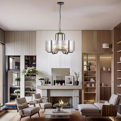 COCOSTAR Modern Glass Drum Chandeliers for Dining Room,6 Lights Farmhouse Crystal Chandelier,24" Vintage Foyer Lighting Fixtures,Black and Gold Pendant Lights for Kitchen Island,Bedroom,Living Room