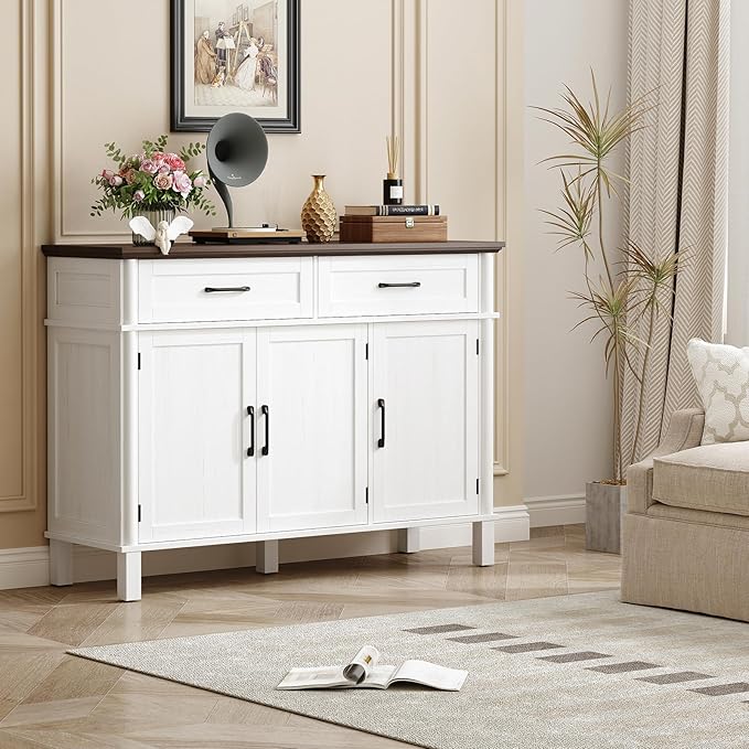 48 Inches Buffet Cabinet with Storage, Farmhouse Sideboard Buffet w/2 Drawers and 3 Doors, Wood Coffee Bar Cabinet with Adjustable Shelves, Sideboard Storage for Kitchen, Living Room, Off White