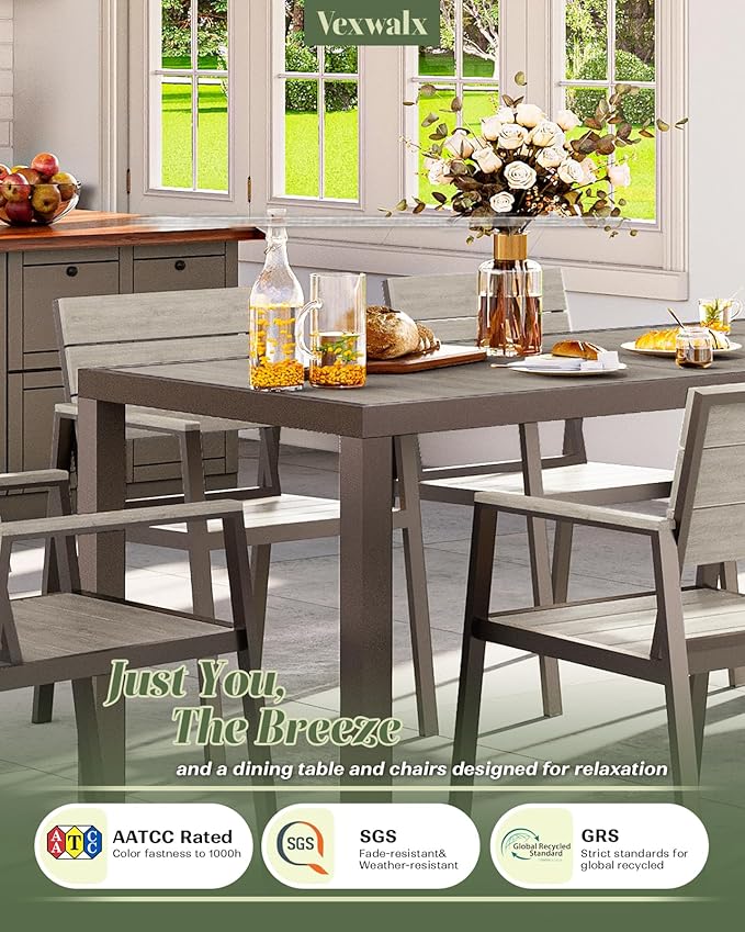 Vexwalx 7-Piece Outdoor Dining Set, Aluminum Dining Table Set for 6, Patio Table and Chairs Set with Umbrella Hole, All Weather HDPS Outdoor Table and Chairs for 6 (Gray)