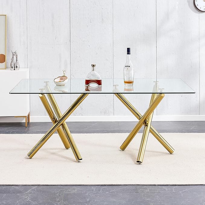 71” Rectangle Dining Table, Large Modern Dining Table for 6–8 People with 0.4" Thickened Tempered Glass Top, Glass Kitchen Table with Gold Metal Legs for Dining Room