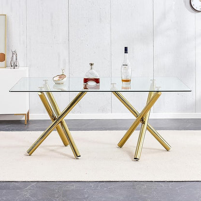 71” Rectangle Dining Table, Large Modern Dining Table for 6–8 People with 0.4" Thickened Tempered Glass Top, Glass Kitchen Table with Gold Metal Legs for Dining Room