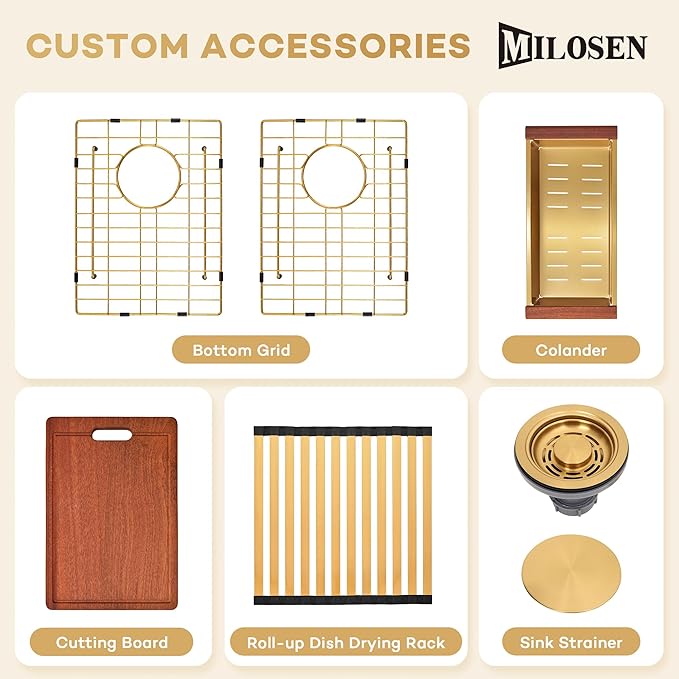 MILOSEN 28 Inch Gold Double Bowl Kitchen Sink, Gold Drop in 16 Gauge T304 Stainless Steel Sinks, Workstation Sink 50/50 Topmount Double Basin with Accessories, 10'' Deep Laundry Outdoor Sinks