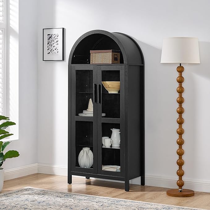 Ball & Cast 67" Tall Arched Kitchen Pantry Cabinet with Lamp, Modern Wooden Storage Cabinets with Glass Doors & Adjustable Shelves,Versatile Display Cabinet for Kitchen, Living Room,Dining Room,Black