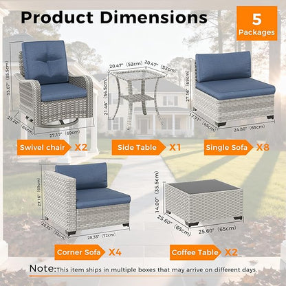 14-Seat Modern Patio Furniture Set with Swivel Rocking Chairs, Thick 4″ Cushions, Dual-Strand Wicker Rattan, Rust-Resistant Steel Frame – Outdoor Conversation & Modular Sectional,Navy