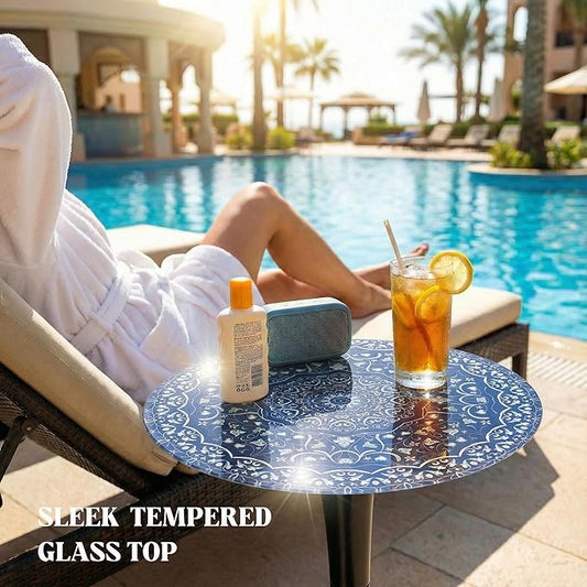 Simmer Stone 13.4" Outdoor Side Table, Round Patio Bistro Table Printed Tempered Glass Top, Waterproof Rust-Proof Base, Small Plant Stand for Balcony, Garden, Deck, 21.6" H (Blue Maze)