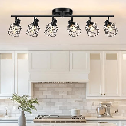 Baocuz 6-Lights Black Semi Flush Mount Ceiling Light, Multi-Directional Ceiling Light Fixtures, Rotatable Kitchen Track Lighting Fixtures with Wire Cages for Living Room, Dining Table, Foyer