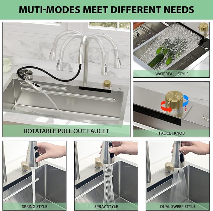 33 Inch Waterfall Kitchen Sink - Beslend 33x19 Drop In Waterfall Sink Workstation Smart Sinks 16 Gauge Stainless Steel Single Bowl Single Dish Basin with Faucet Combo