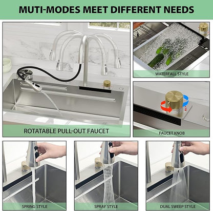 33 Inch Waterfall Kitchen Sink - Beslend 33x19 Drop In Waterfall Sink Workstation Smart Sinks 16 Gauge Stainless Steel Single Bowl Single Dish Basin with Faucet Combo