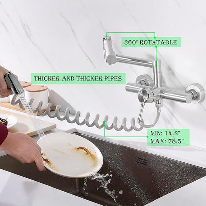 Kitchen Faucet Wall Mount, with Side Sprayer 8 Inch Center, Folding Design for Commercial Use, Stainless Steel Bar Taps