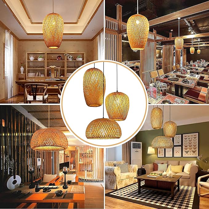 Bamboo Pendant Lights, 3 Headlights E26 E27 Retro Rustic Bamboo Wicker Rattan Woved Chandelier Lamp Shade Light Fixture Ceiling Hanging Light for Bedroom Restaurant Cafe Farmhouse Teahouse Bar Club