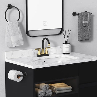 Bathroom Faucets for Sink 3 Hole, Hurran 4 inch Black and Gold Bathroom Sink Faucet with Pop-up Drain and Supply Hoses, Stainless Steel Lead-Free Centerset Faucets for Vanity RV