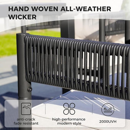 Grand patio 7 PCS Outdoor Dining Set, Patio Table and Chairs Set for 6, Metal Woven Wicker Swivel Patio Chairs with Thickened Cushions & 1 Rectangular Woodgrain Dining Table with Umbrella Hole (Black)