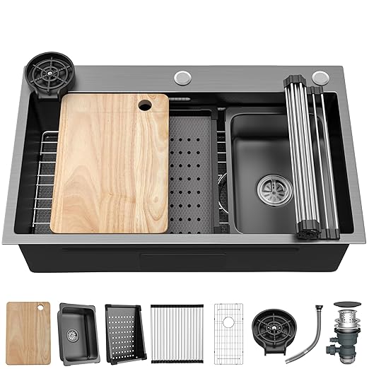 YITAHOME Drop In Kitchen Sink Workstation 30 Inch, Top mount Stainless Steel Nano Gunmetal Black Sink w/Glass Rinser, Cutting Board, Handmade Single Bowl Sink with Accessories 30 x 18 x 10in