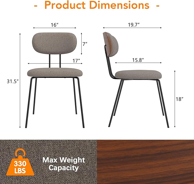 LSSPAID Dining Chairs Set of 6, Linen Fabric Upholstered Dining Room Chairs with Walnut Bentwood Back, Mid-Century Modern Kitchen Chairs with Adjustable Feet Pads, Coffee