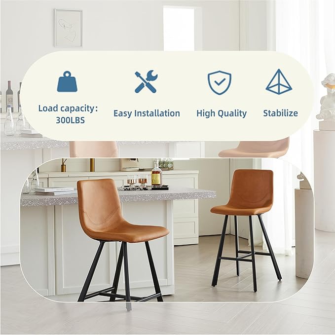 26" Counter Height Bar Stools Set of 2,Faux Leather Barstools with Ergonomic Backrest & Footrest, Sturdy Black Metal Frame PU Bar Chairs for Kitchen Island, Home Bar, Restaurant (Cognac)
