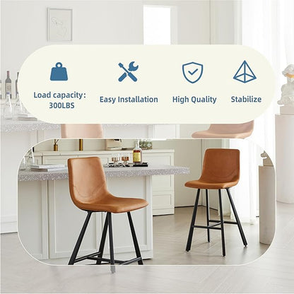 26" Counter Height Bar Stools Set of 2,Faux Leather Barstools with Ergonomic Backrest & Footrest, Sturdy Black Metal Frame PU Bar Chairs for Kitchen Island, Home Bar, Restaurant (Cognac)