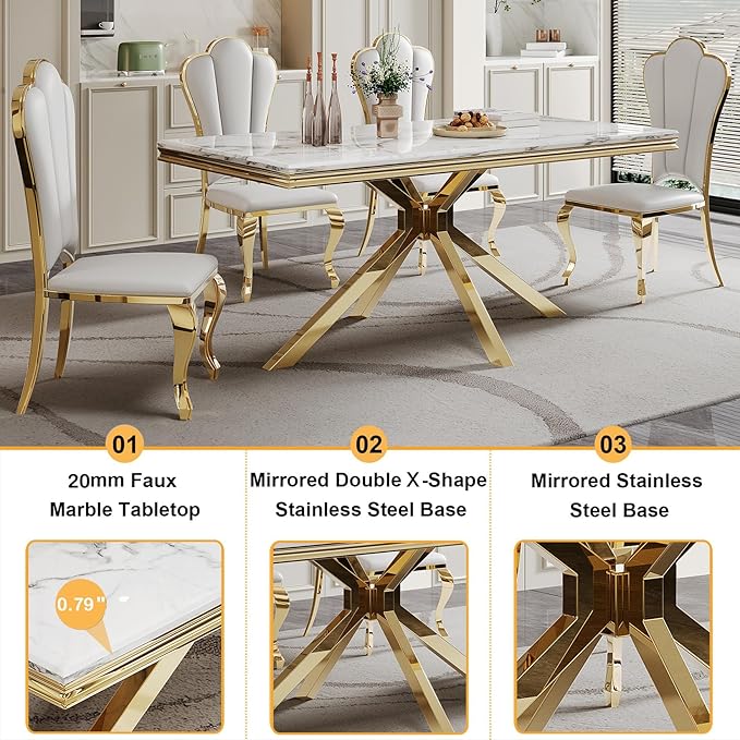 White Dining Room Table for 4 6, 68" Faux Marble Dining Table with X-Shape Stainless Steel Legs, Modern Gold Kitchen & Dining Room Tables Rectangle Dinning Dinner Table for 4 6