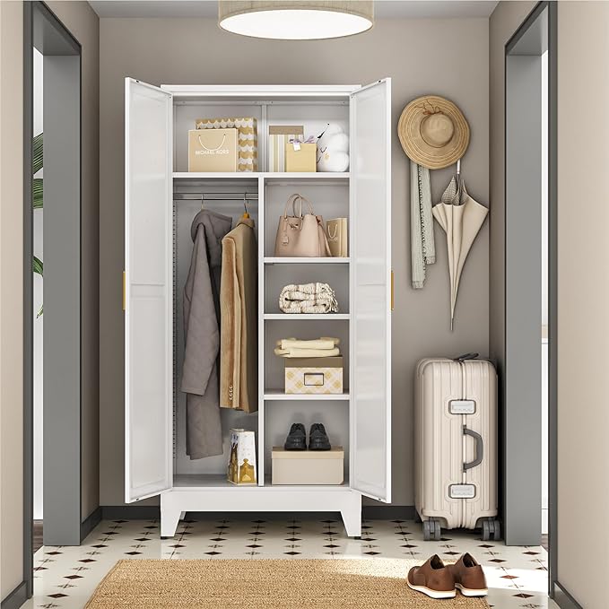 Metal Combination Cabinet, Utility Storage Cabinet with 4 Shelves, Farmhouse Pantry Closet with Doors, 71" Tall Storage Cabinets with Hanging Rod and Clothing Shelf for Hallway Laundry Mudroom