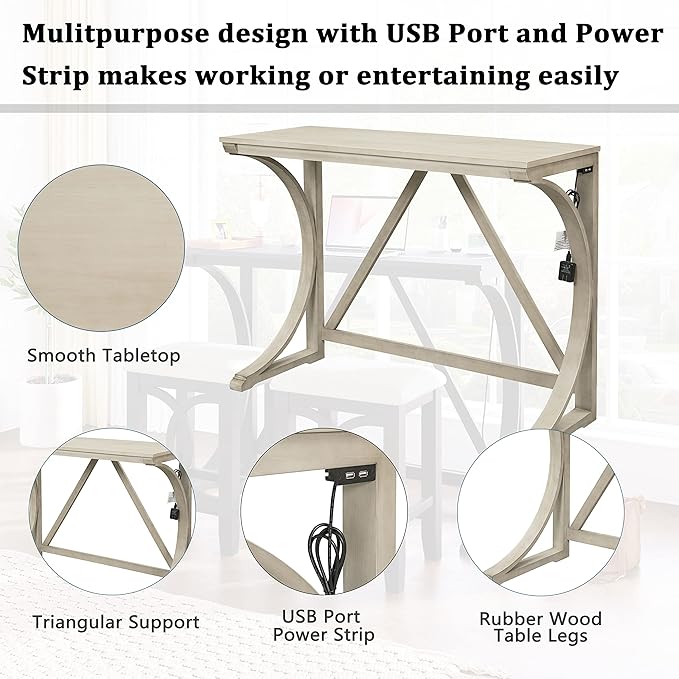 Merax Farmhouse 3-Piece Counter Height Dining Table Set with USB Port and 2 Upholstered Stools, Cream